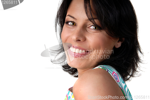 Image of portrait of happy smiling woman on white