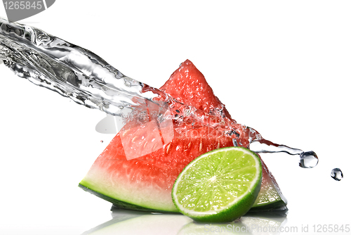 Image of watermelon, lime and water splash isolated on white