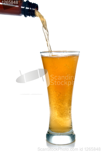 Image of Beer pouring from bottle into glass isolated on white