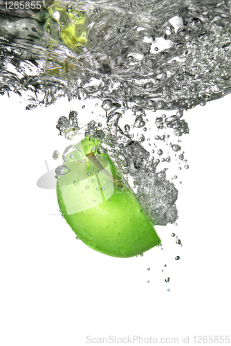 Image of green apple dropped into water isolated on white