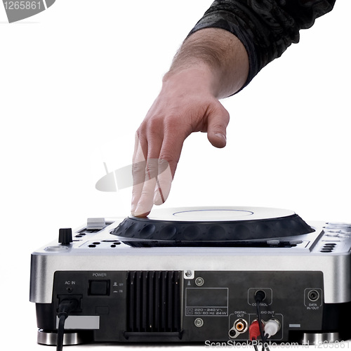 Image of dj's hand playing on mixer isolated on white