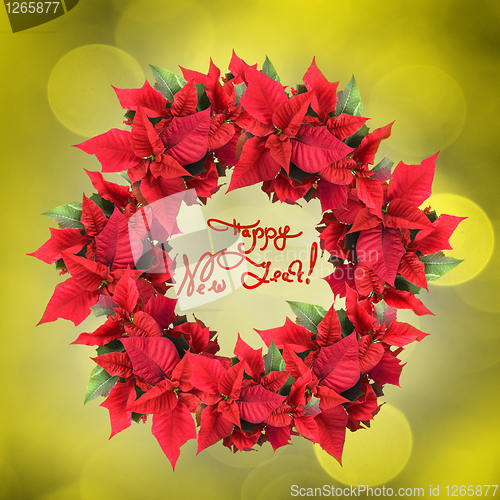 Image of christmas wreath from poinsettia on yellow light background