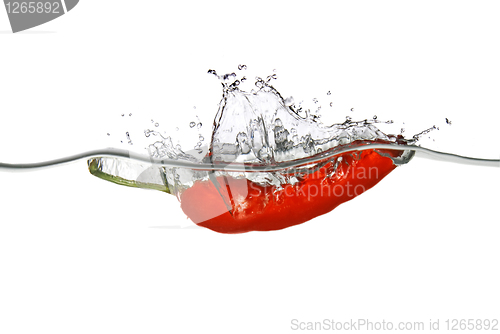 Image of red pepper dropped into water with splash isolated on white