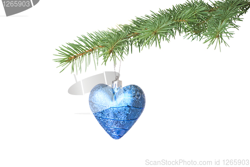 Image of Christmas ball on fir tree branch isolated on white