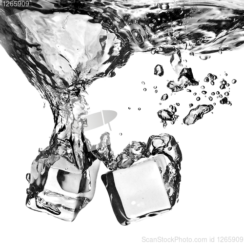 Image of ice cubes dropped into water with splash isolated on white