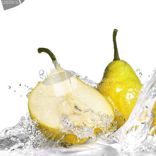 Image of yellow pear with water splash isolated on white