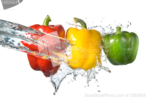 Image of red, yellow and green pepper with water splash isolated on white