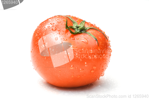 Image of red tomato with water drops isolated on white