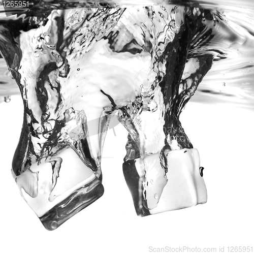 Image of ice cubes dropped into water with splash isolated on white