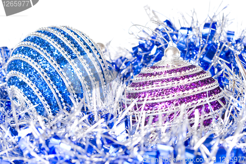 Image of pink and blue christmas balls with decoration isolated on white