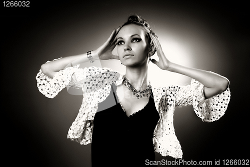Image of black and white portrait of beautiful glamour woman in studio