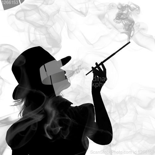 Image of silhouette of smoking woman isolated on a white background