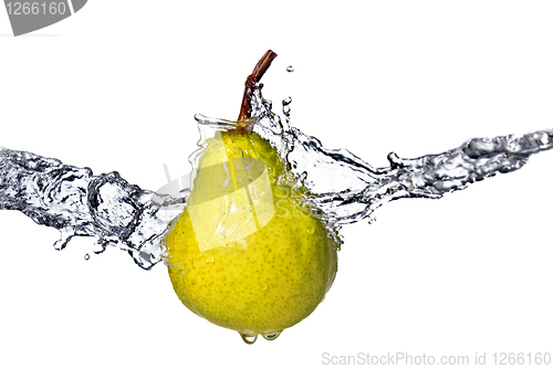 Image of yellow pear with water splash isolated on white