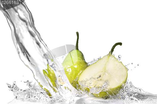 Image of fresh water splash on green pear isolated on white