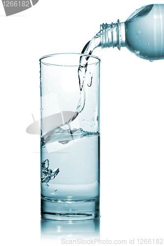 Image of water pouring into glass from bottle isolated on white