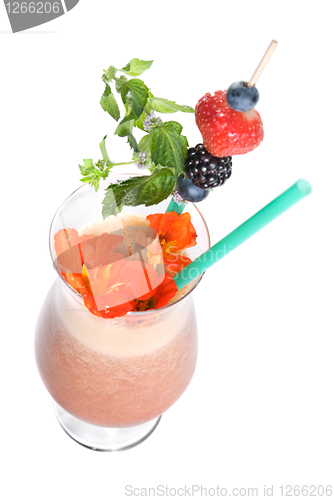 Image of fitness cocktail with berries and flowers isolated on white
