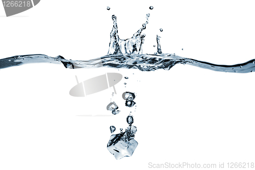 Image of ice cube dropped into water with splash isolated on white