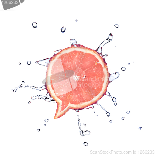 Image of Grapefruit in shape of dialog box with water drops isolated on w