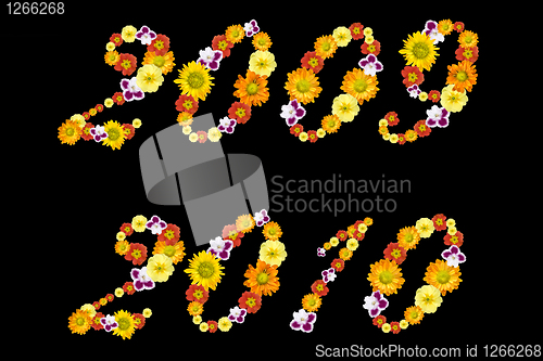 Image of decorative numbers of 2009 and 2010 years from color flowers