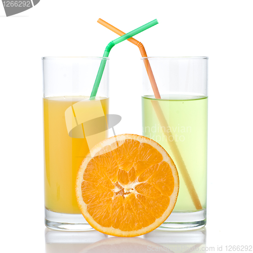 Image of lime and orange juice with orange isolated on white