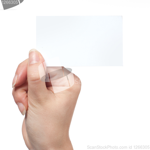 Image of Woman hand holding empty visiting card isolated on white