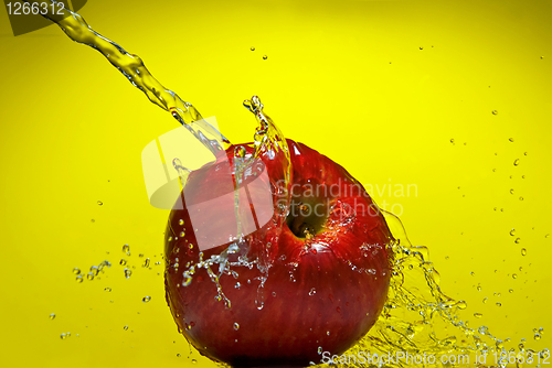 Image of Green apple with water splash on blue background