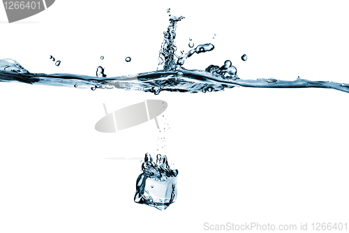 Image of ice cube dropped into water with splash isolated on white