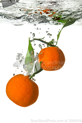 Image of tangerine dropped into water with bubbles on white