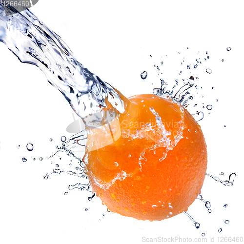 Image of fresh water splash on orange isolated on white