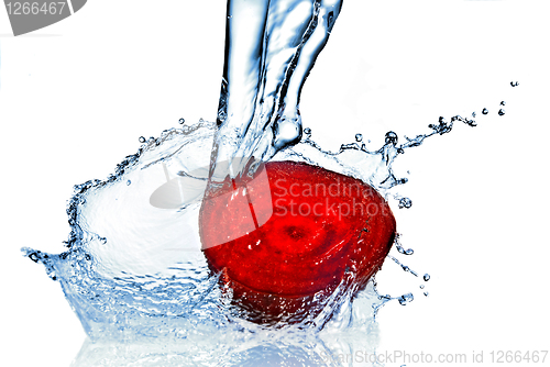 Image of red beet with water splash isolated on white