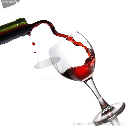 Image of Pouring red wine in glass goblet isolated on white