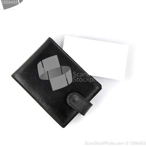 Image of Empty business card with card holder isolated on white