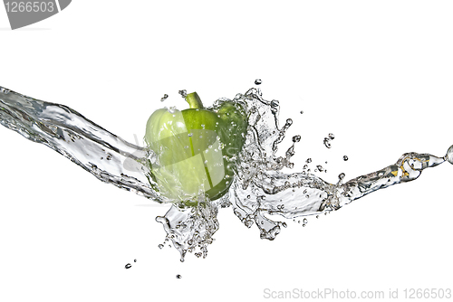 Image of fresh water splash on green sweet pepper isolated on white