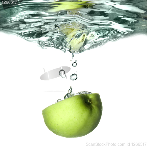 Image of green apple dropped into water with splash isolated on white