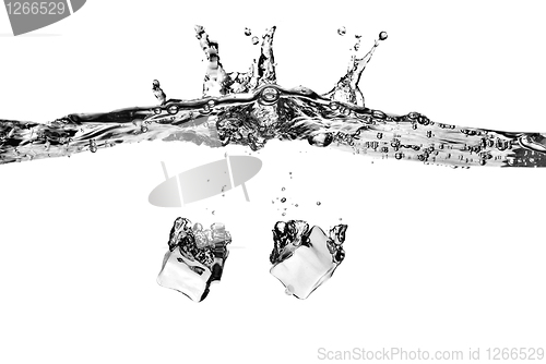 Image of ice cubes dropped into water with splash isolated on white