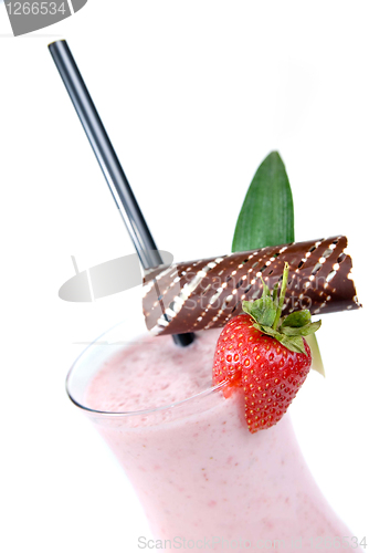 Image of strawberry milkshake with straw isolated on white