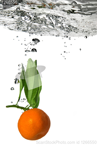 Image of tangerine dropped into water with bubbles on white
