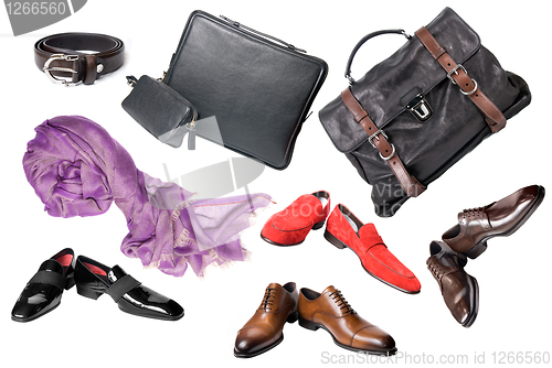 Image of set of male shoes, accessories and bags isolated on white