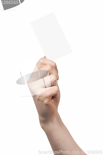 Image of Woman hand holding empty visiting card isolated on white