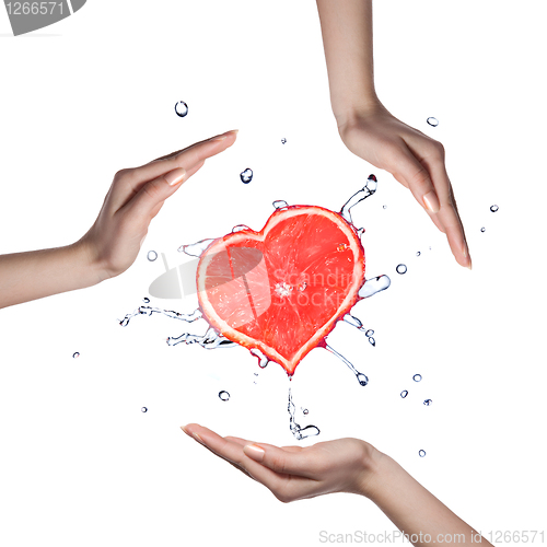 Image of Heart of grapefruit with water splash and human hands on white