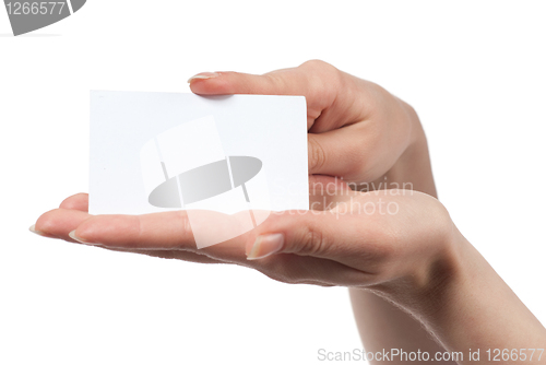 Image of Woman hand holding empty visiting card isolated on white