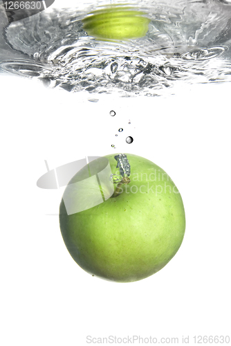 Image of fresh water splash on green apple isolated on white
