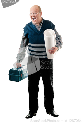Image of Confident man with toolbox and roll of canvas