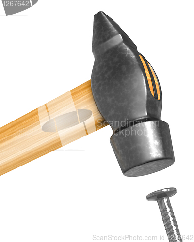 Image of Shiny new hammer hitting the nail closeup
