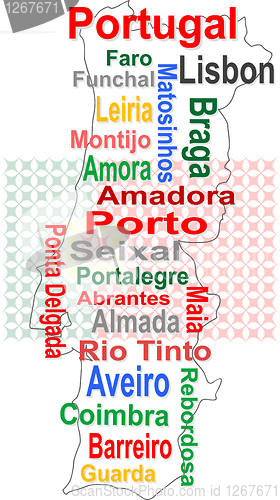 Image of portugal map and words cloud with larger cities