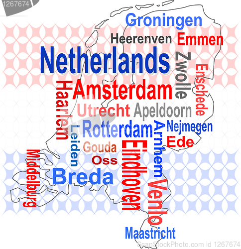 Image of holland map and words cloud with larger cities