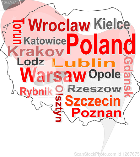 Image of poland map and words cloud with larger cities