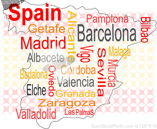 Image of spain map and words cloud with larger cities