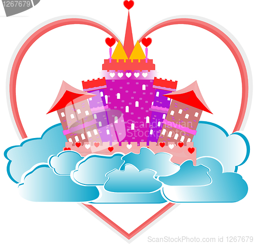 Image of magical fairytale pink castle with heart on sky