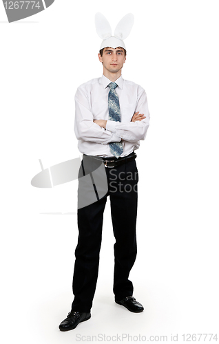 Image of businessman with rabbit ears